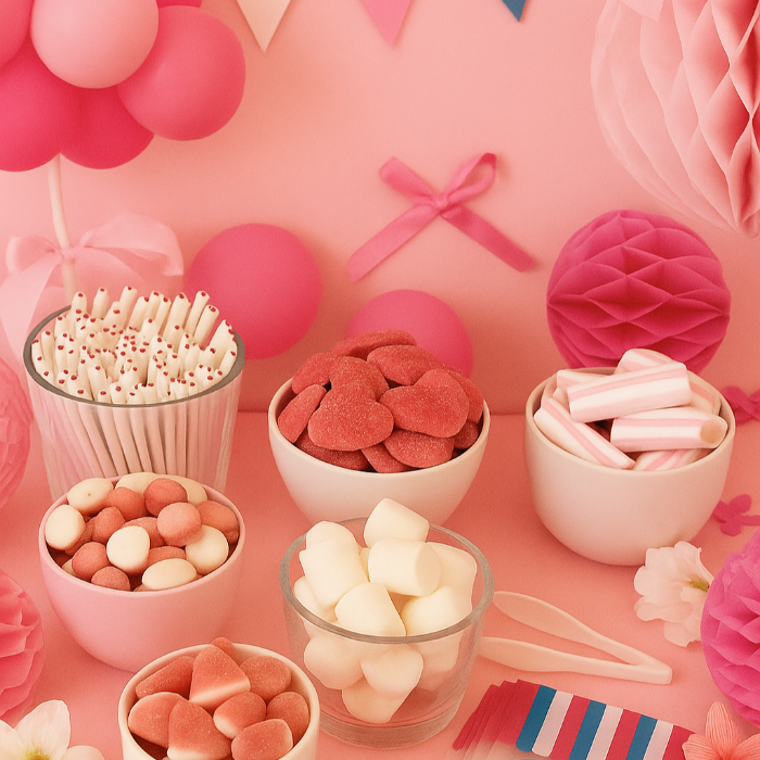 Mesa dulce en tonos rosas para fiestas - Pack de golosinas