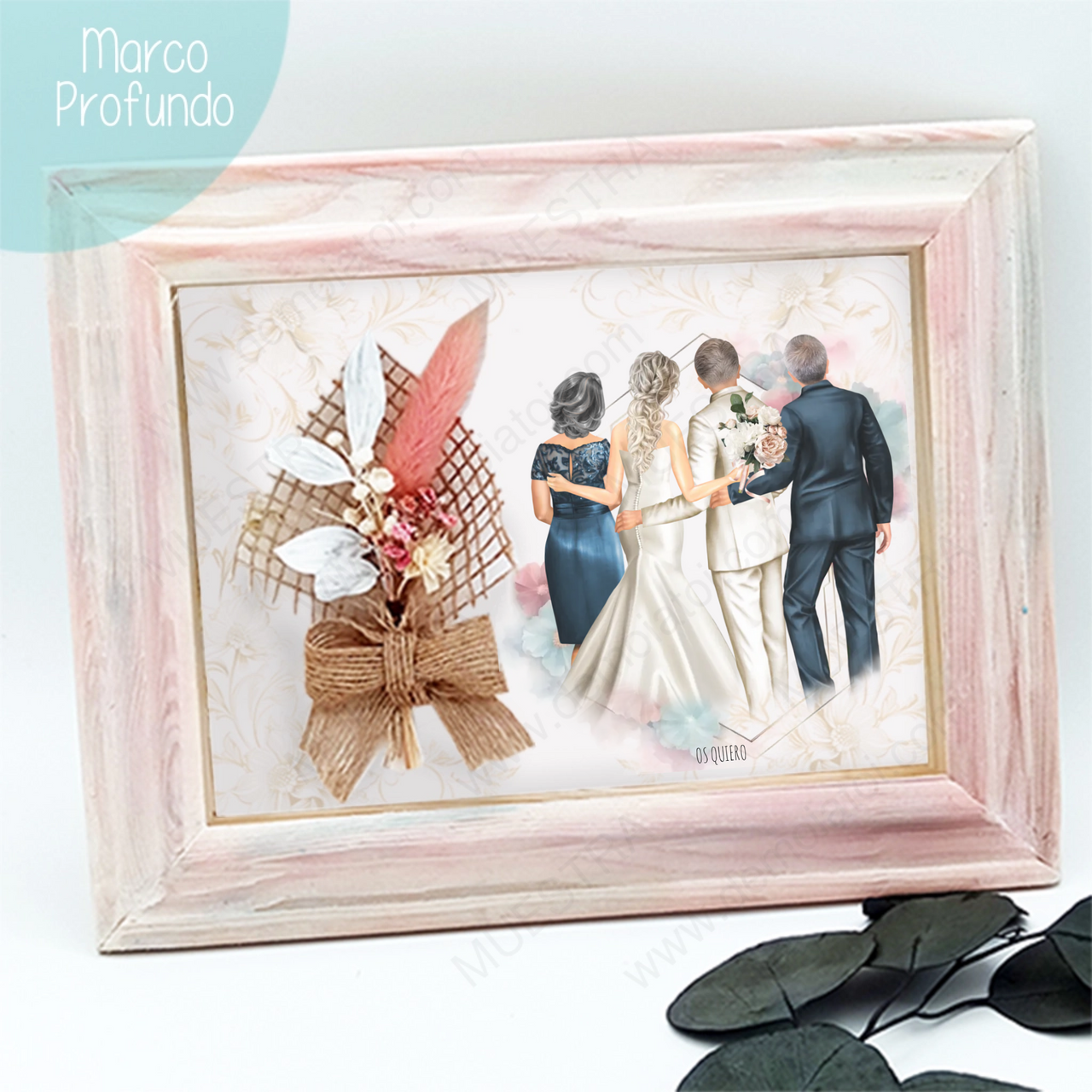 Marco rústico con flores preservadas e ilustraciones – Familiares y Novios de Boda
