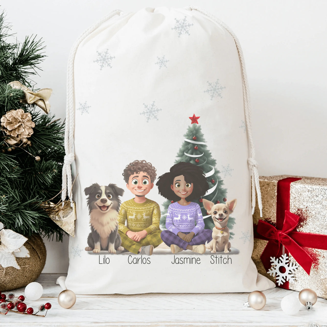 Saco de regalos de Navidad personalizado con ilustración de mascota – De moi à toi