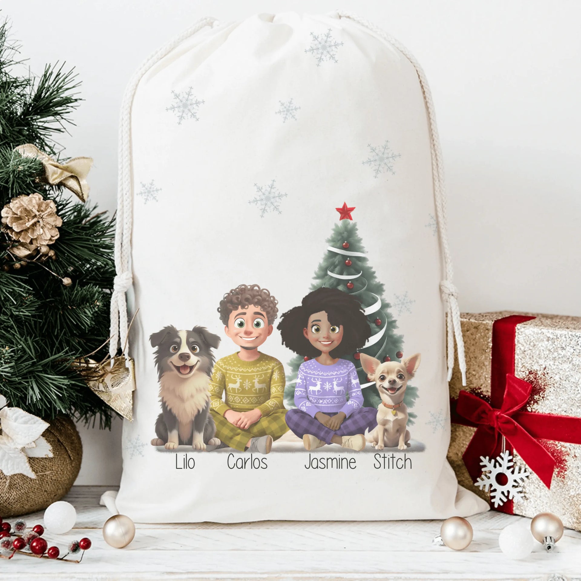 Saco de regalos de Navidad personalizado con ilustración de mascota – De moi à toi