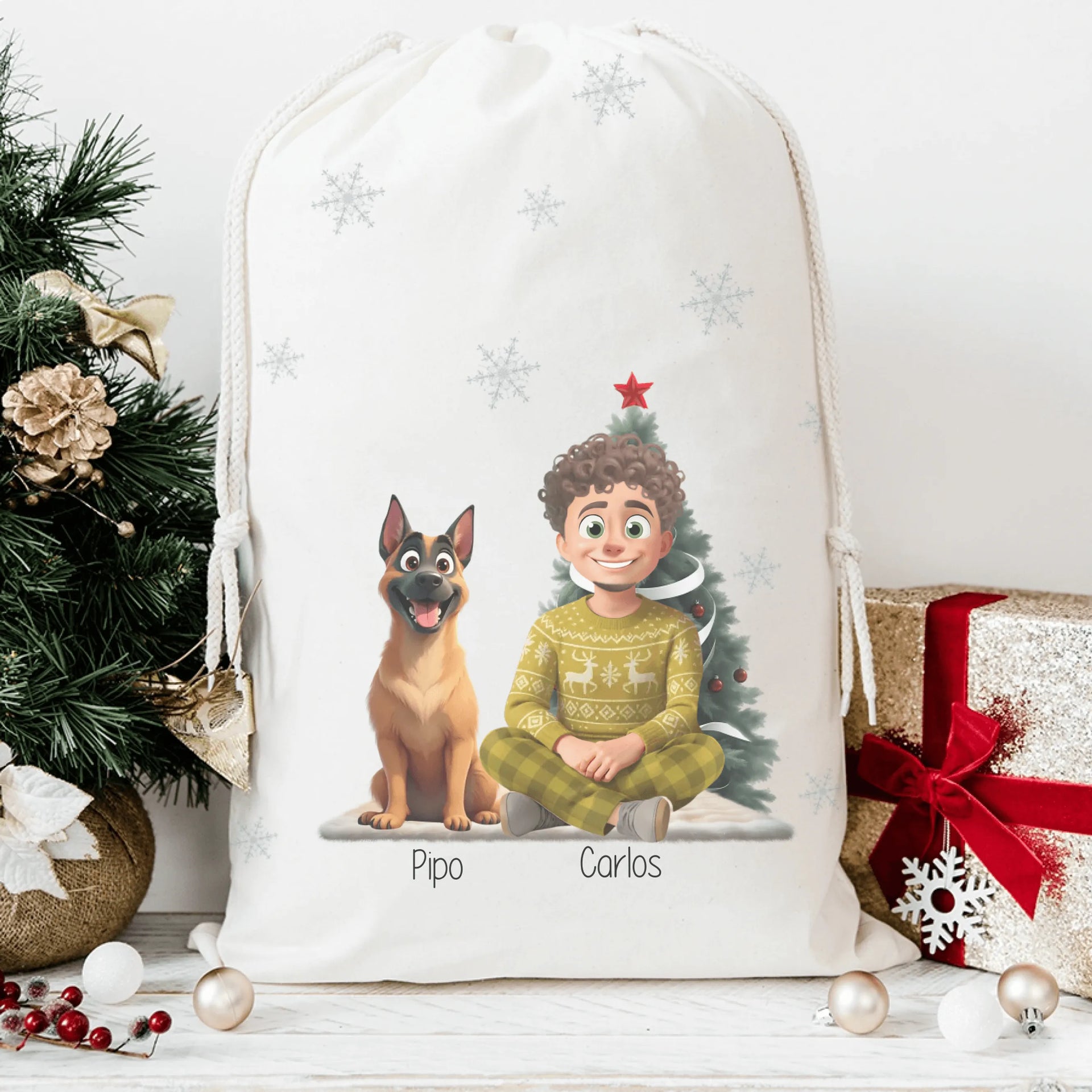 Saco de regalos extragrande navideño con diseño de perro o gato editable online