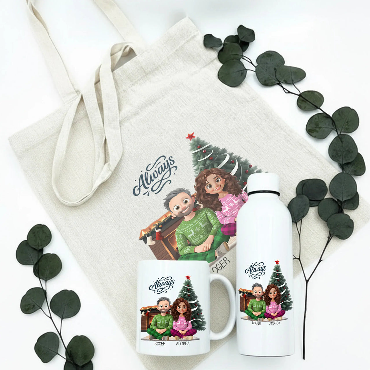 Set de regalo pareja personalizado OHANA con ilustración editable