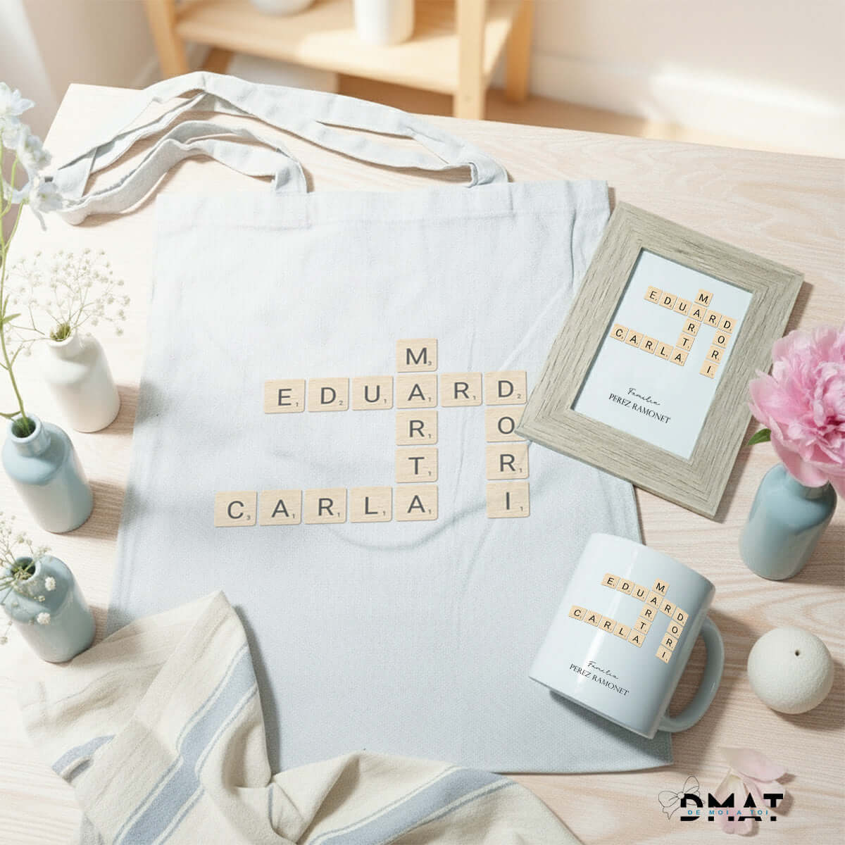 Set de regalo Scrabble personalizado con bolsa, cuadro y taza – De moi à toi