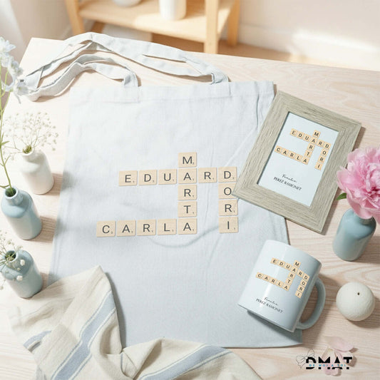 Set de regalo Scrabble personalizado con bolsa, cuadro y taza – De moi à toi