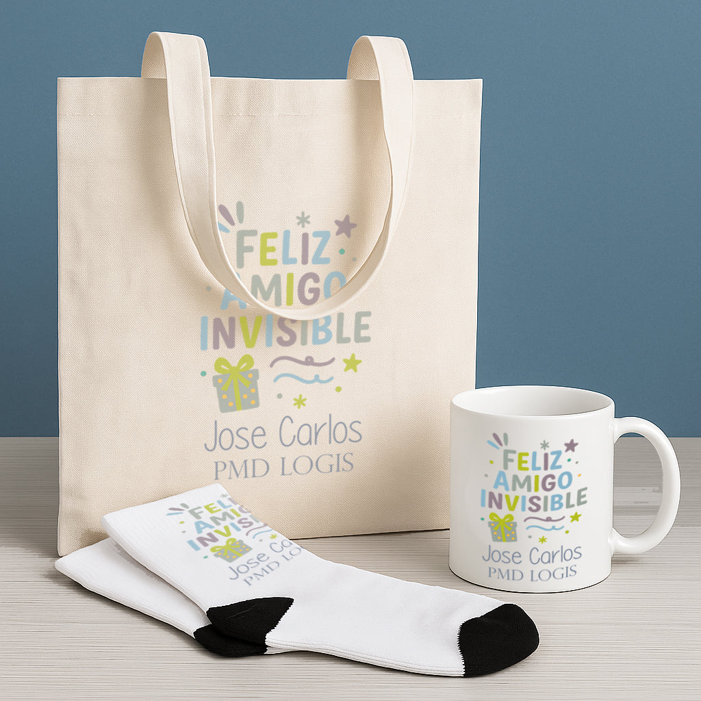 pack amigo invisible personalizado con taza calcetines y tote bag