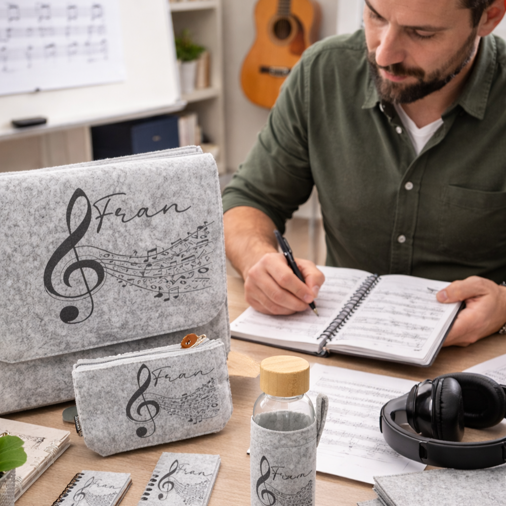 Set sostenible para profesora con botella de cristal y accesorios en fieltro RPET.