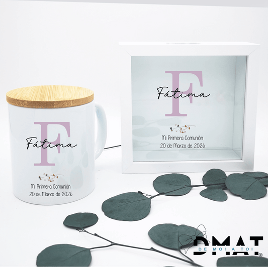 Hucha personalizada de madera con inicial y nombre para comunión