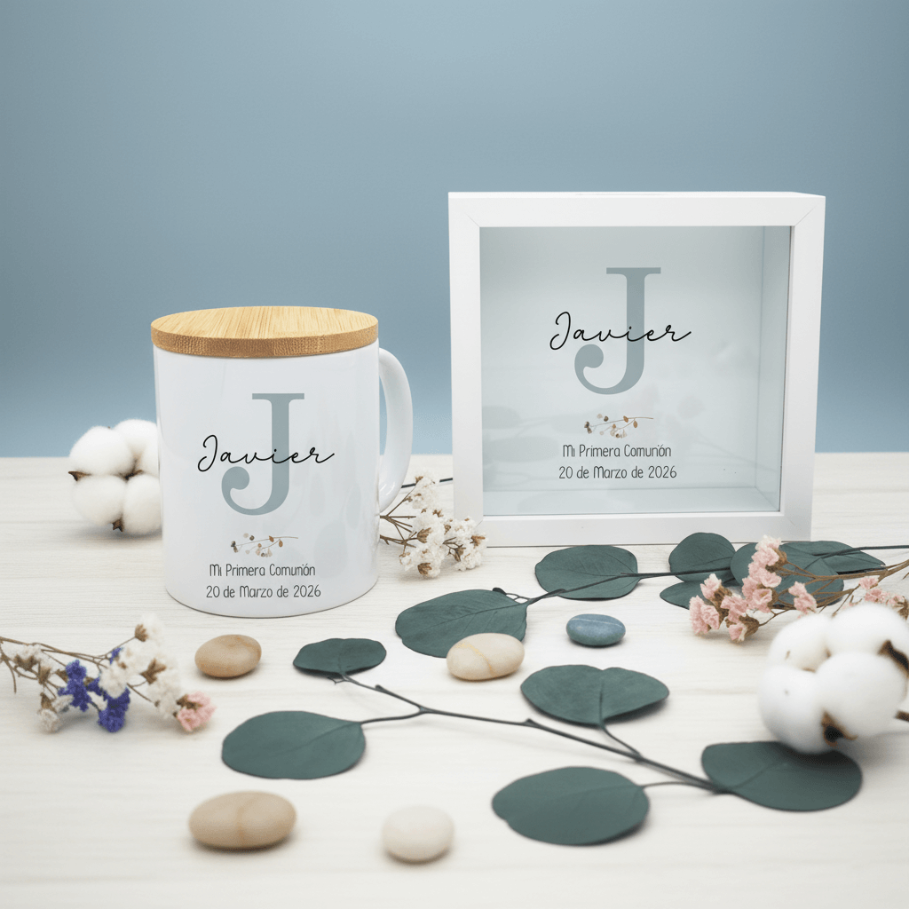 Set de regalo personalizado original y práctico compuesto de  hucha y taza personalizadas con inicial para comunión, bautizo y cumpleaños