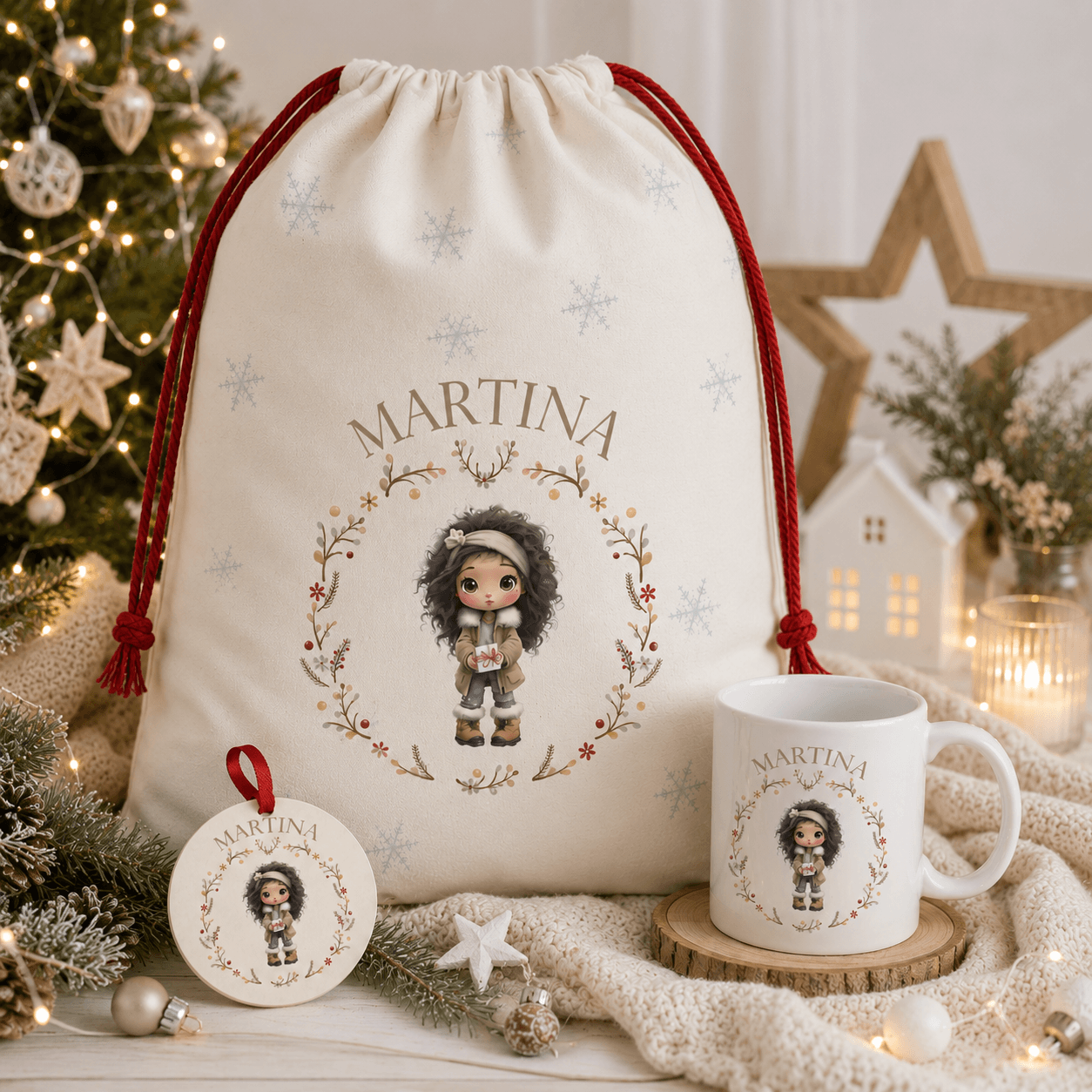 Saco de Navidad extragrande, taza y bola de madera personalizados con ilustración de niña y nombre, pack regalo Navidad infantil