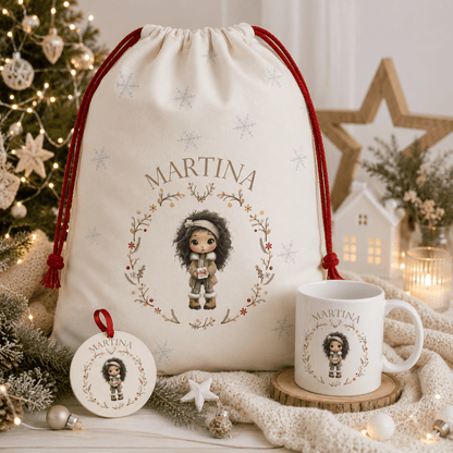 Saco de Navidad extragrande, taza y bola de madera personalizados con ilustración de niña y nombre, pack regalo Navidad infantil