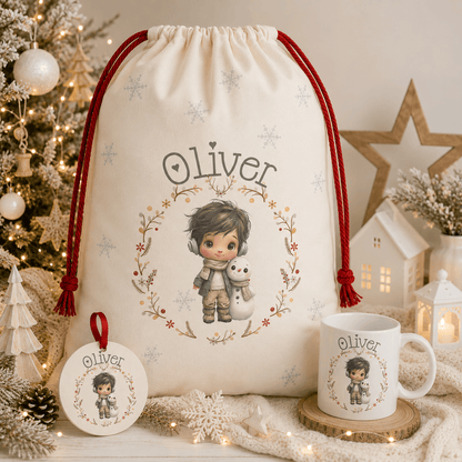 Saco de Navidad extragrande, taza y bola de madera personalizados con ilustración de niño y nombre, pack regalo Navidad infantil