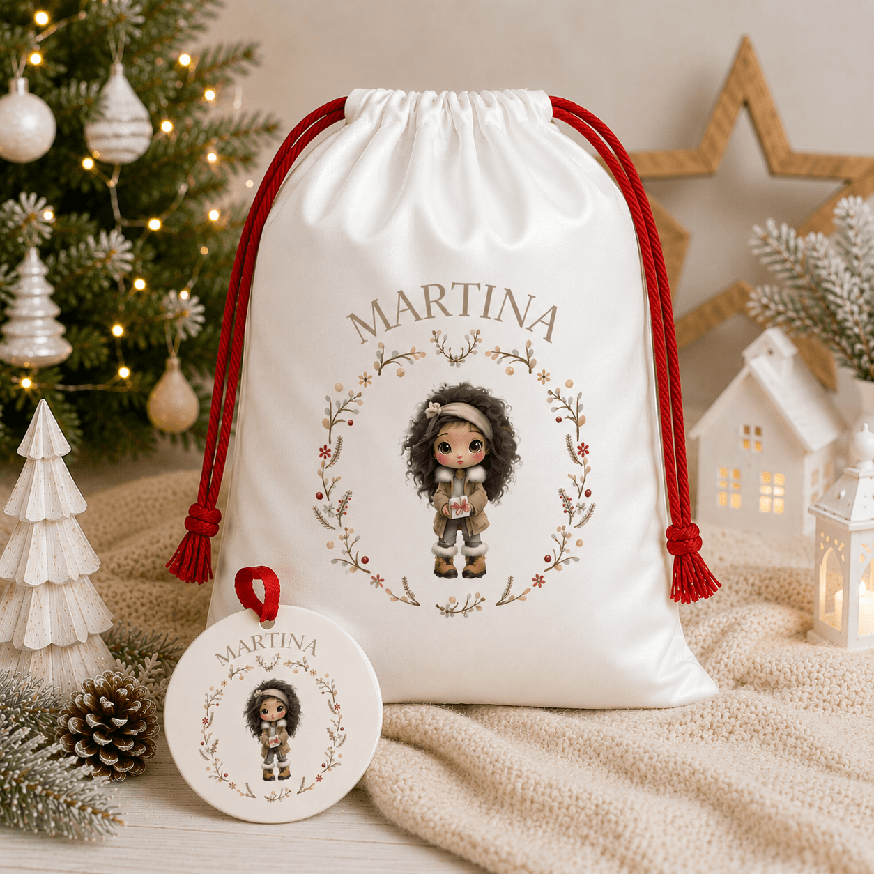 Saco de Navidad extragrande y bola de madera personalizados con ilustración de niña y nombre, pack regalo Navidad infantil