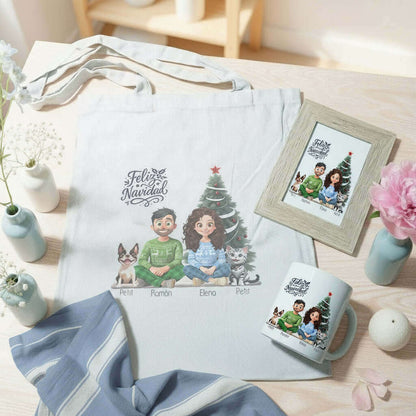 Set de regalo con ilustración personalizada de pareja con mascotas