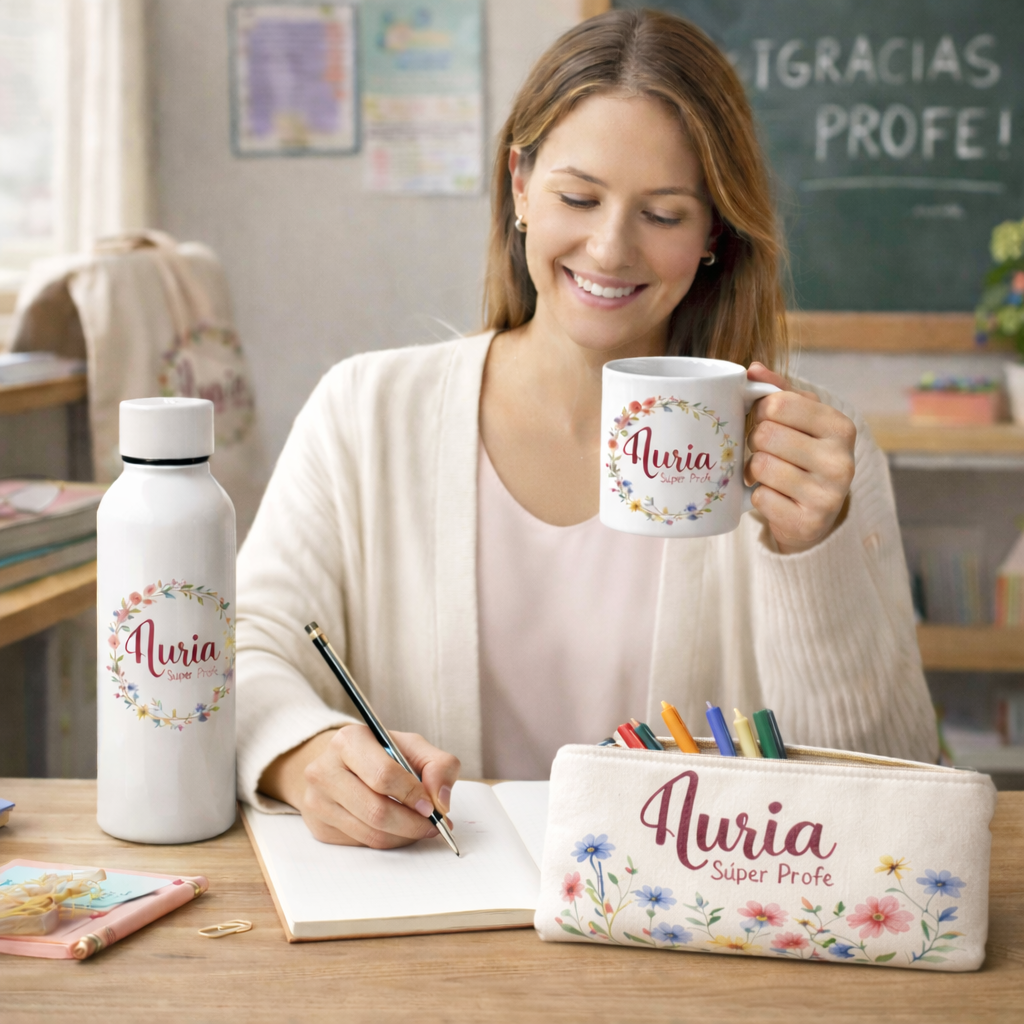 Set regalo profesora personalizado flores silvestres presentado en entorno de aula con nombres de alumnos 