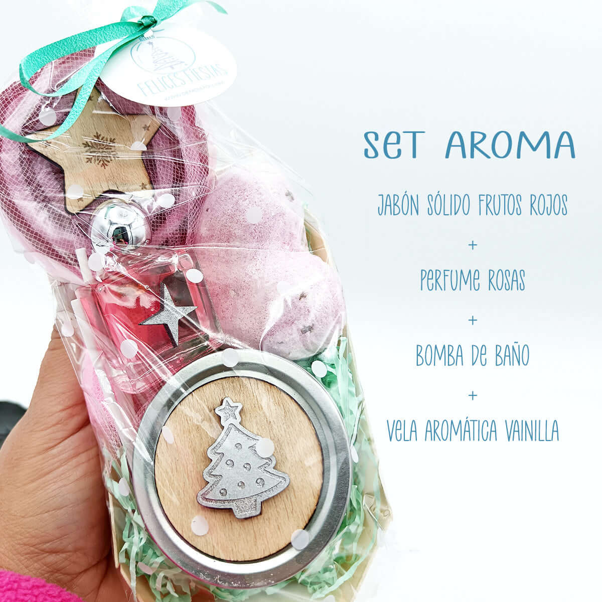 Set aroma de Navidad con productos de baño y vela aromática, incluye jabón, perfume, bomba de baño y vela.