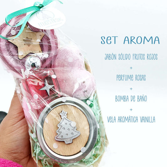 Set aroma de Navidad con productos de baño y vela aromática, incluye jabón, perfume, bomba de baño y vela.
