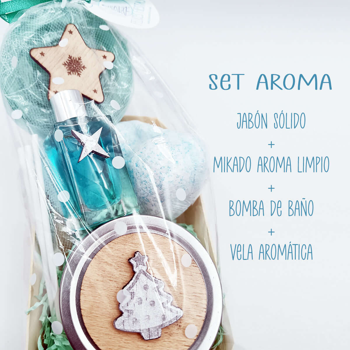 Set aroma de Navidad con productos de baño y vela aromática, ideal para regalos y detalles navideños.
