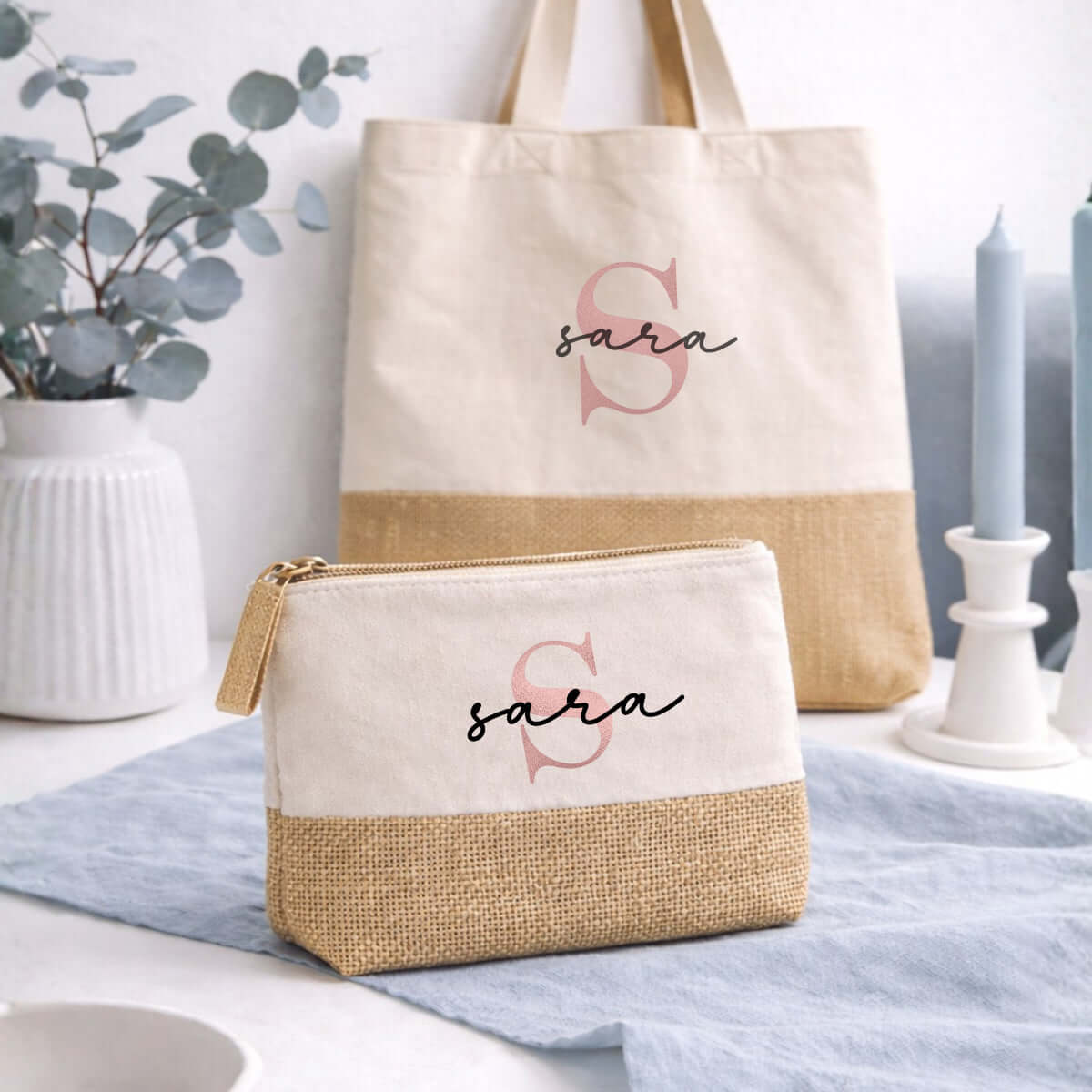 Set regalo mujer bolsa y portatodos personalizado con inicial oro rosa y nombre caligráfico algodón yute