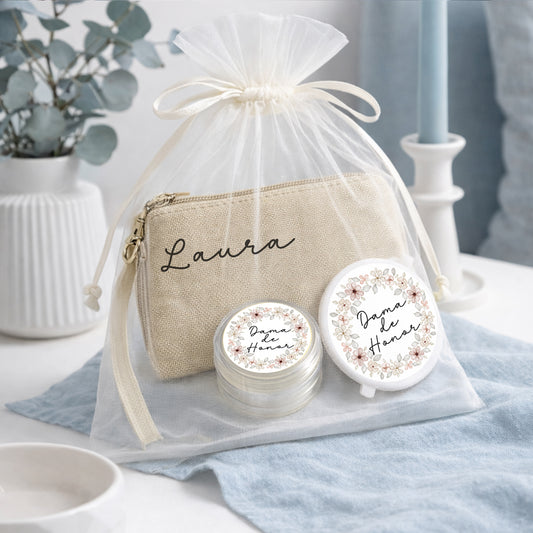 Set regalo dama de honor personalizado con espejo floral bálsamo labial y monedero con nombre