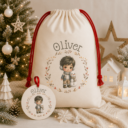 Saco de Navidad extragrande y bola de madera personalizados con ilustración de niño y nombre, pack regalo Navidad infantil