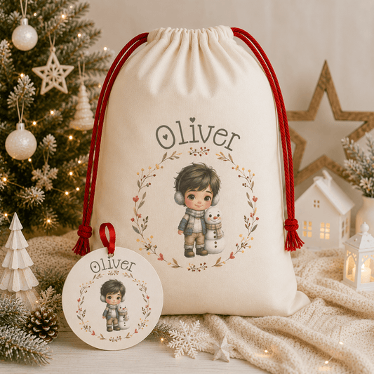 Saco de Navidad extragrande y bola de madera personalizados con ilustración de niño y nombre, pack regalo Navidad infantil