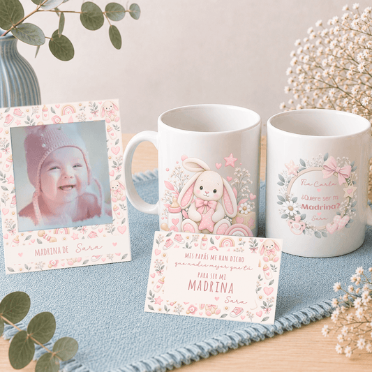 Set regalo bebé personalizado con marco polaroid imán, taza y tarjeta en azul, anuncio nacimiento o petición padrinos