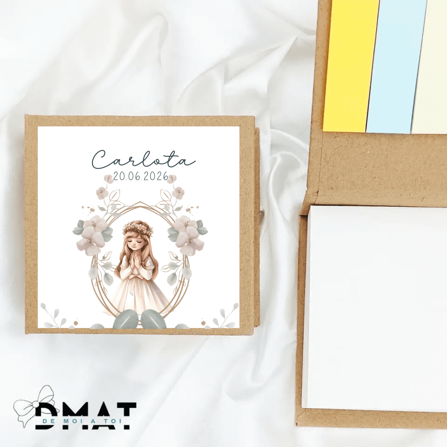 Bloc de notas de comunión para niña con diseño personalizado natural y dulce.