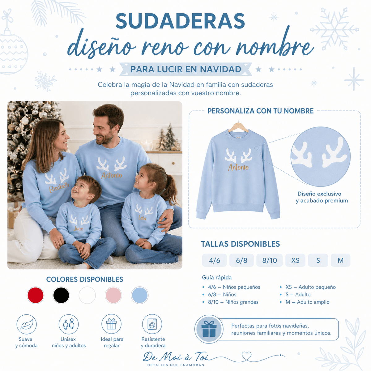 Infografía de sudaderas personalizadas para familia · De Moi à Toi
