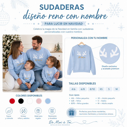 Sudaderas familiares personalizadas con cuernitos de reno y nombre