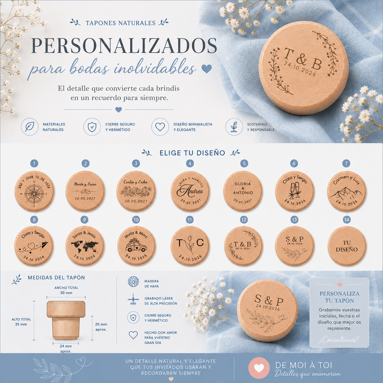 Tapón Natural de Madera Personalizado | Detalle de Boda Grabado Láser