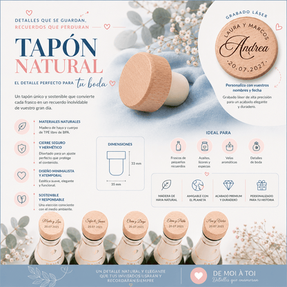 Tapón Natural de Madera Personalizado | Detalle de Boda Grabado Láser