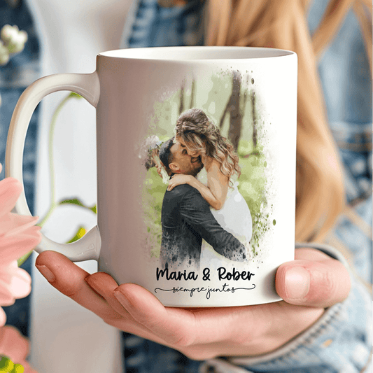 Taza personalizada con fotografía tipo acuarela para parejas