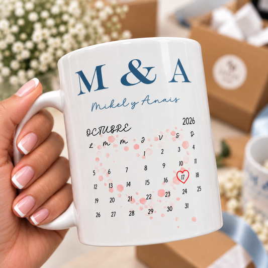 Taza personalizada para regalar como recordatorio de fecha especial. Ideal para invitados de boda o regalo de enamorados y nacimiento