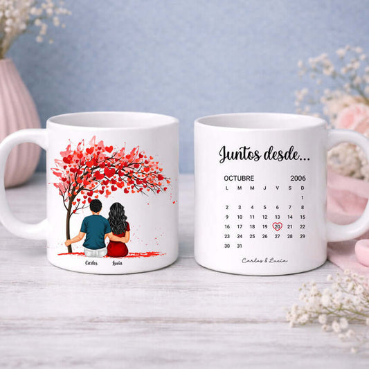 taza personalizado con calendario e ilustración para enamorados 
