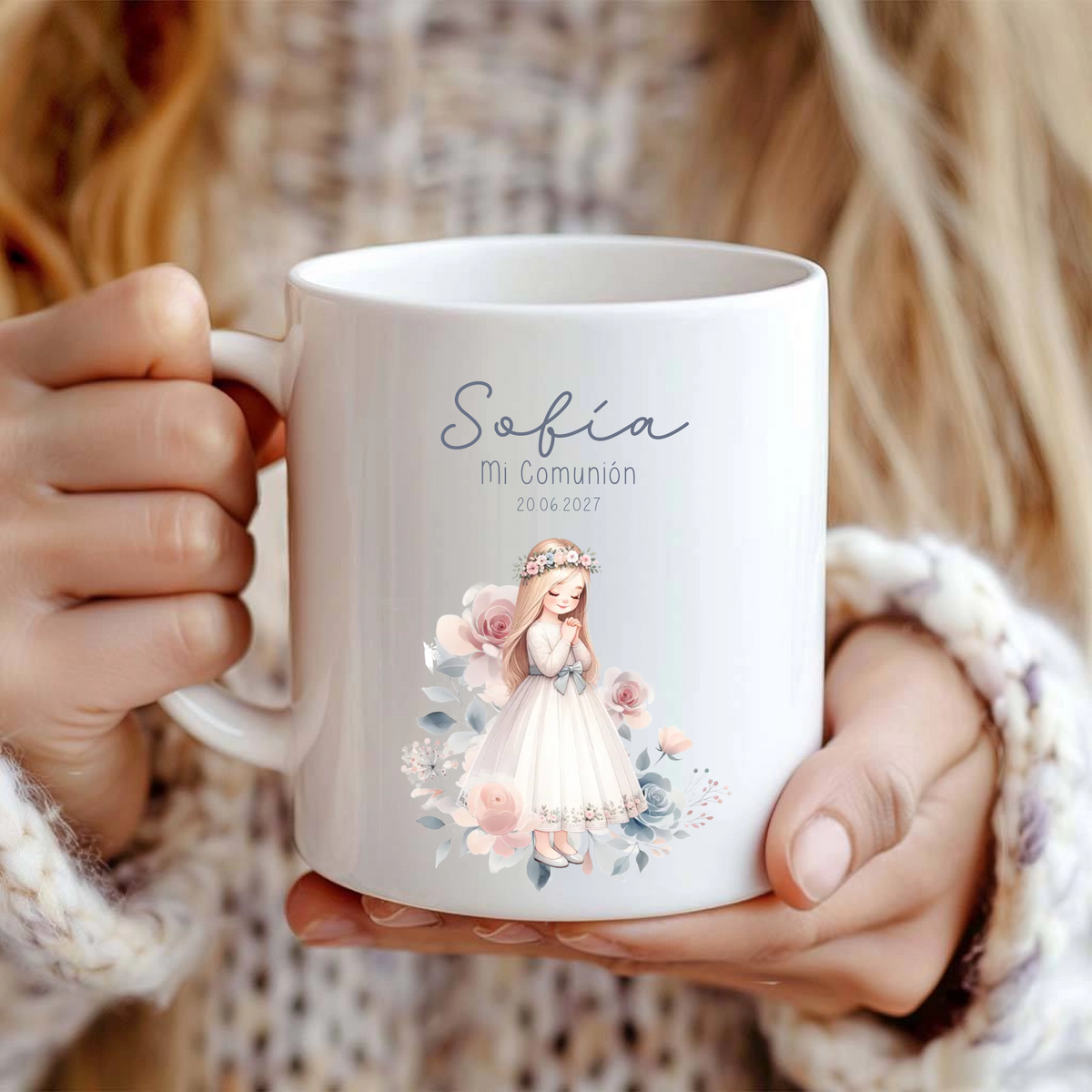 Taza de comunión personalizada niña diseño Blue flower con nombre, regalo o detalle para invitados