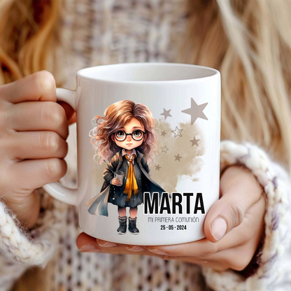 Taza de comunión personalizada diseño escuela de magia con nombre, regalo o detalle para invitados