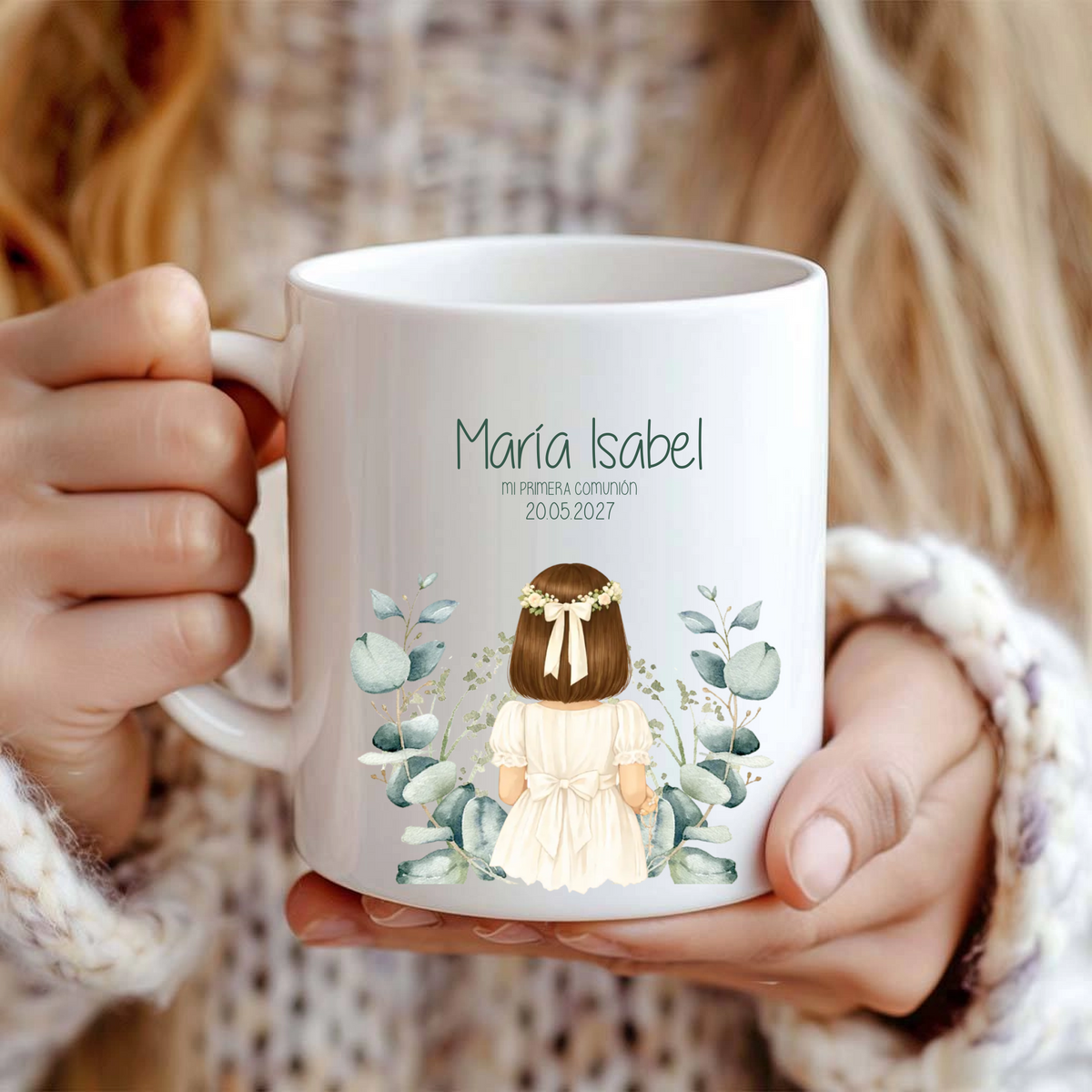 Taza de comunión personalizada diseño eucalipto unisex con nombre, regalo o detalle para invitados