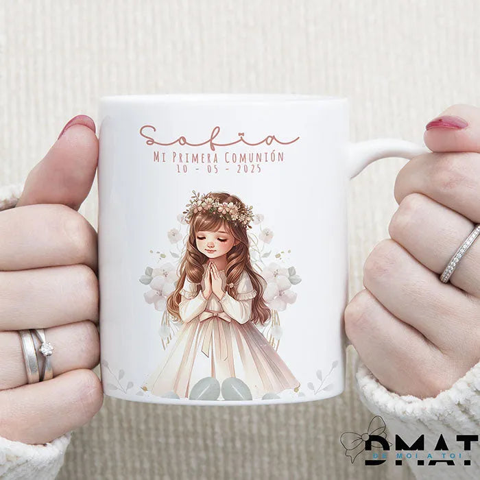 Taza de comunión personalizada niña diseño Soft, regalo o detalle para invitados