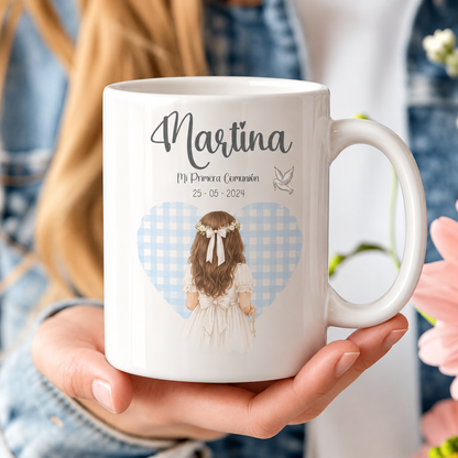 Taza de comunión personalizada niña diseño Vichy con nombre, regalo o detalle para invitados