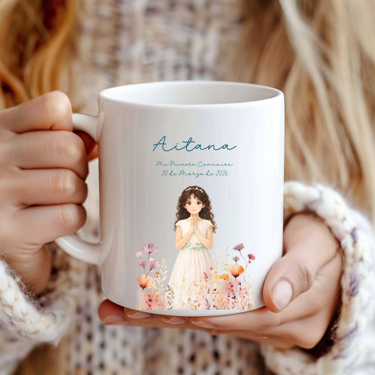 Taza de comunión personalizada niña diseño Wildflower con nombre, regalo o detalle para invitados