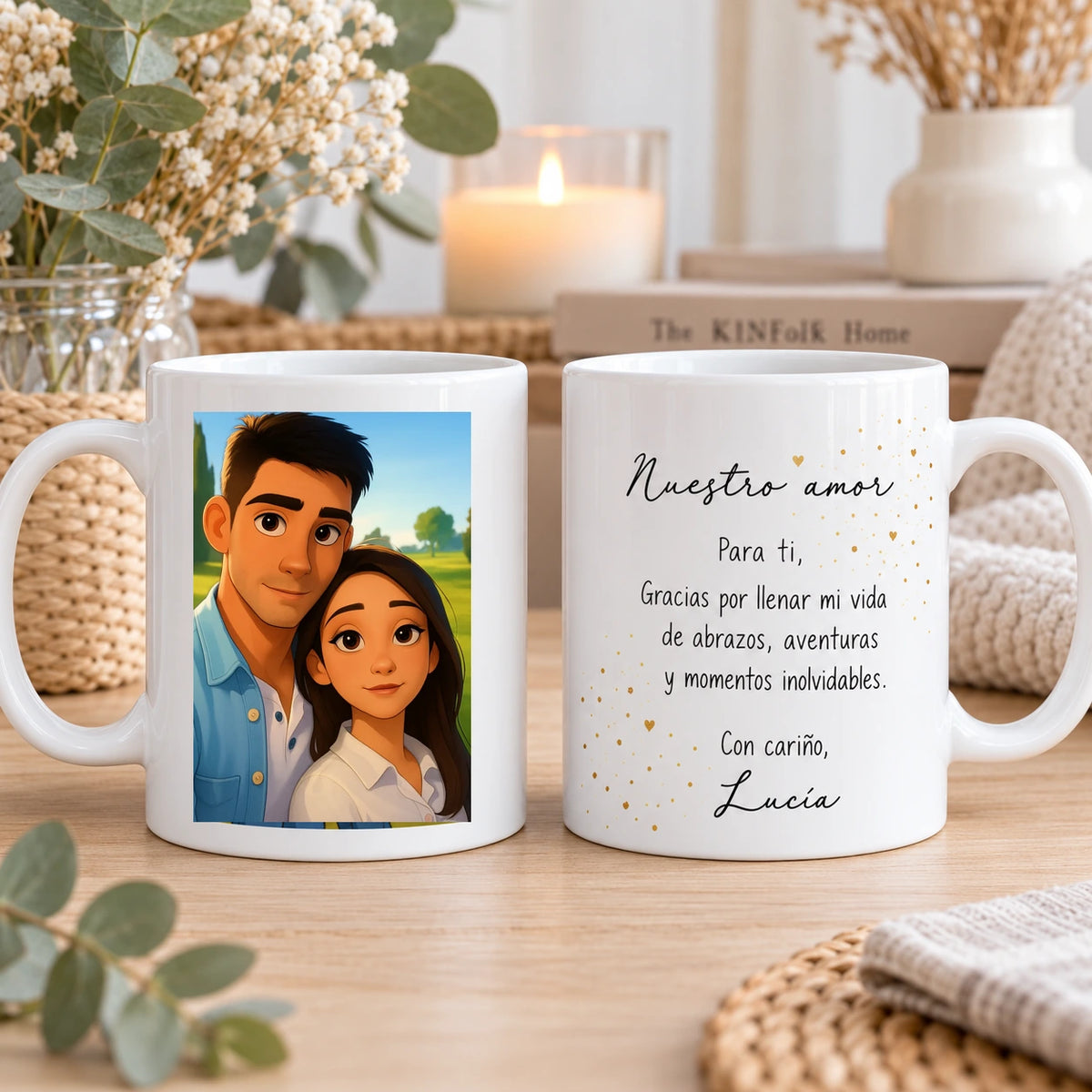 Taza personalizada con caricatura estilo dibujo animado de pareja y dedicatoria en la parte trasera