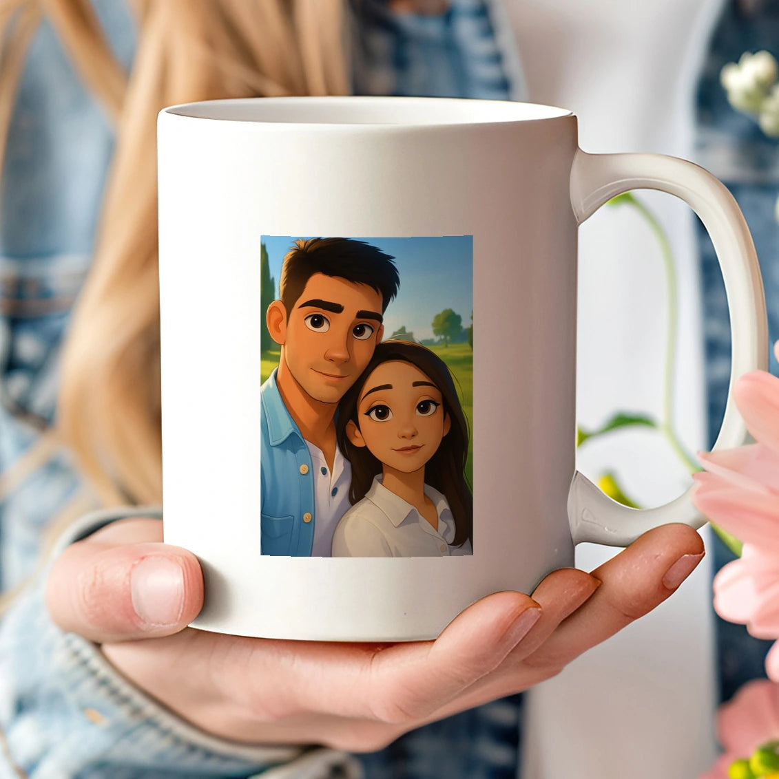 Taza personalizada con caricatura estilo Disney de pareja desde foto, sostenida en la mano