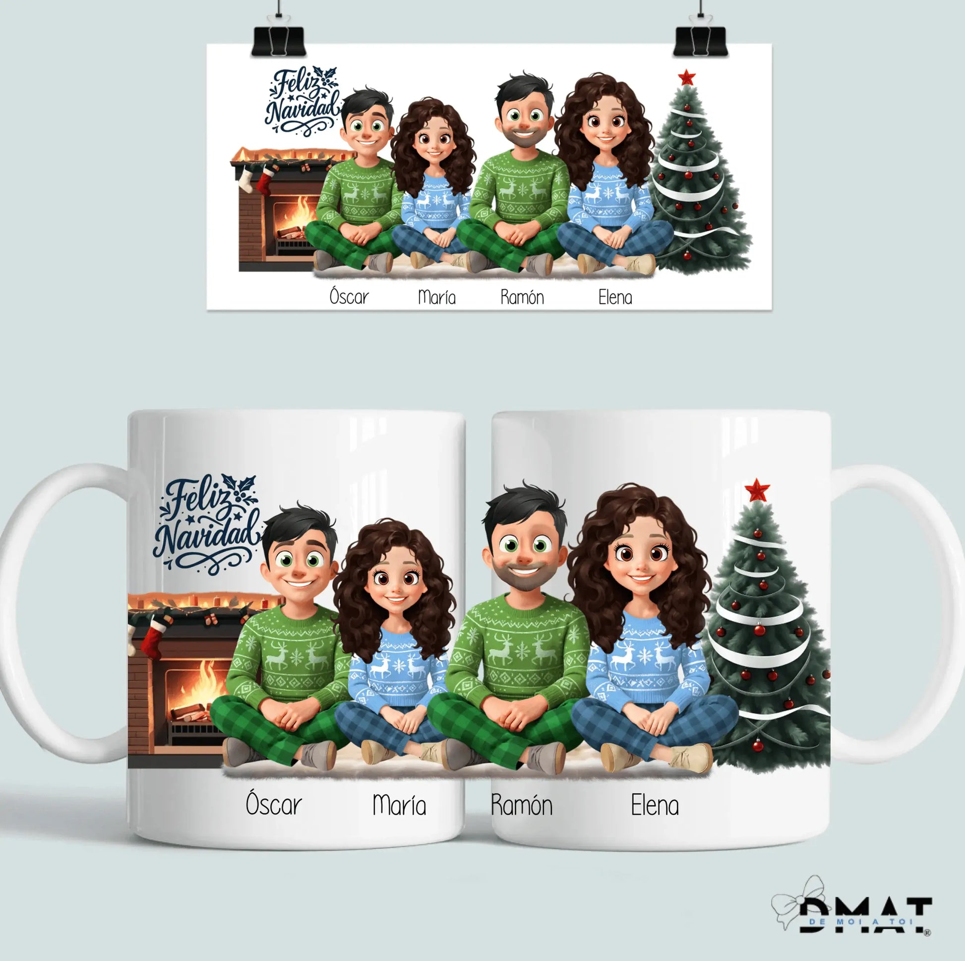 Taza personalizada navidad con retrato familiar ilustrado para regalo