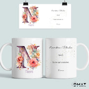 taza personalizada inicial y nombre flores acuarela