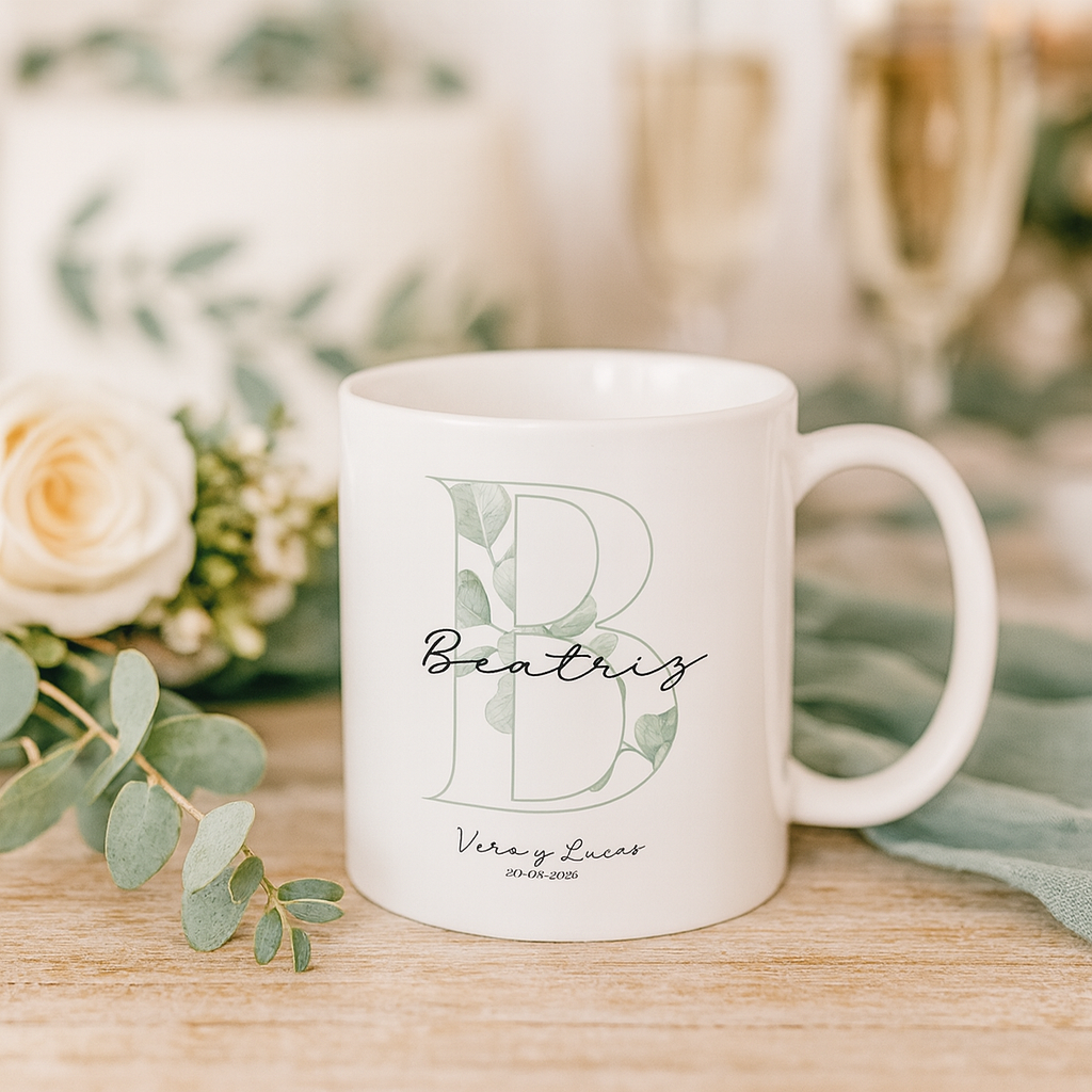 Taza personalizada con inicial y nombre para invitados de boda – Diseño NATURE elegante