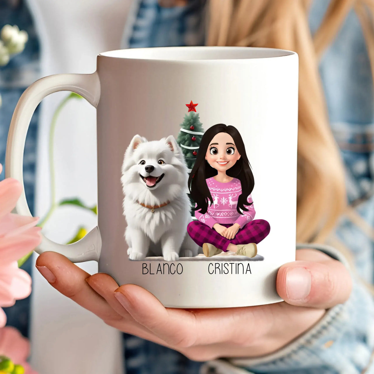 Taza personalizada de Navidad con ilustración de personas y mascotas – De moi à toi