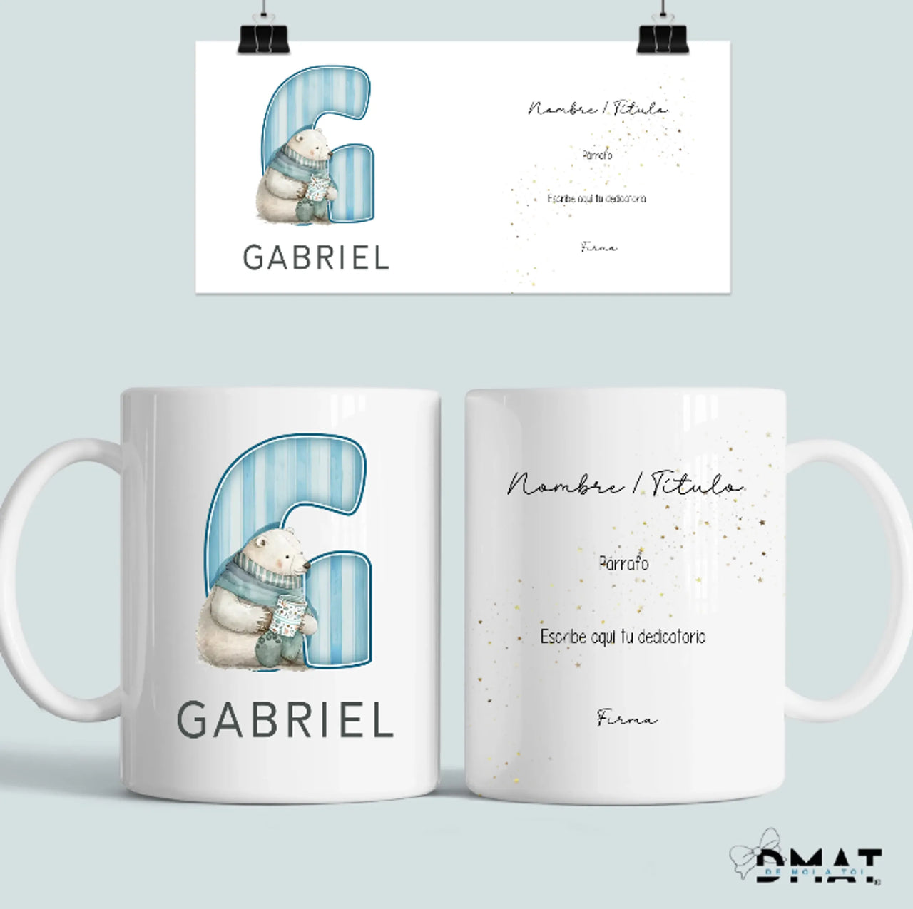 Taza personalizada con inicial osito nombre y dedicatoria
