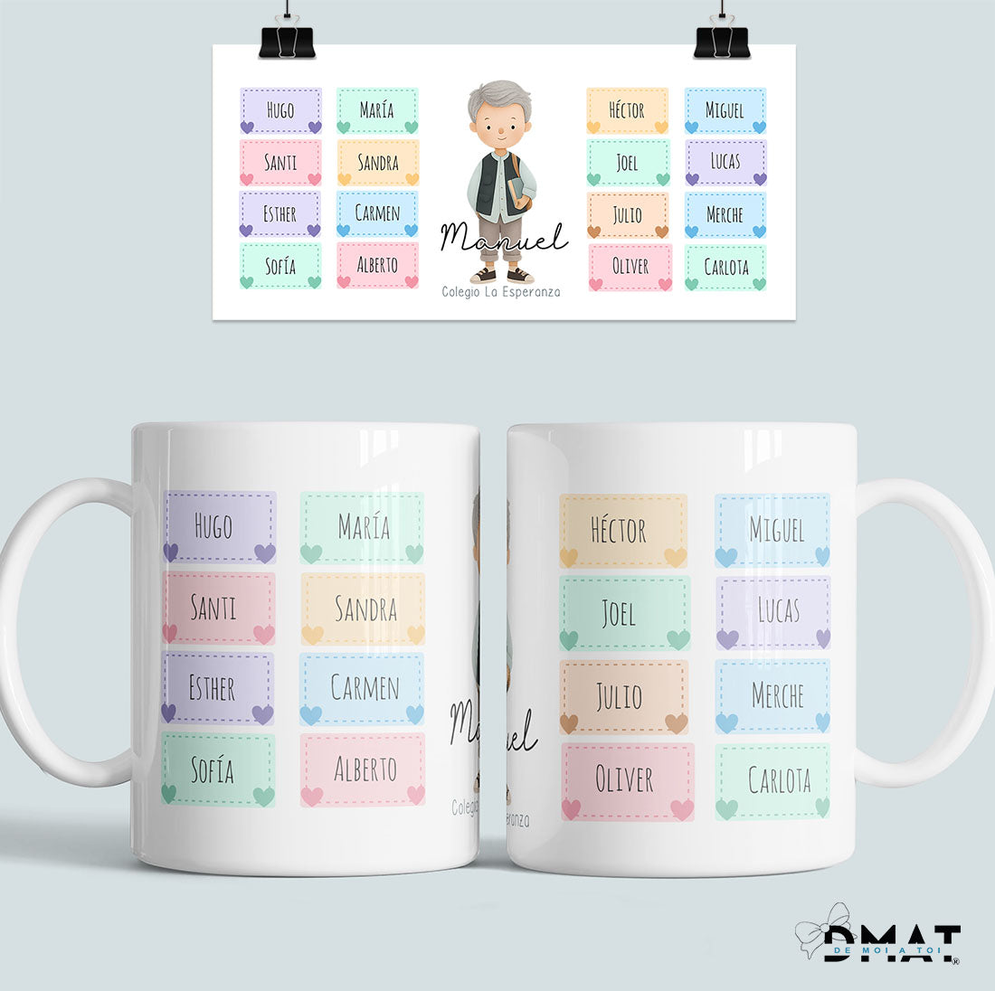 taza maestra con nombres de alumnos – diseño stickers divertido