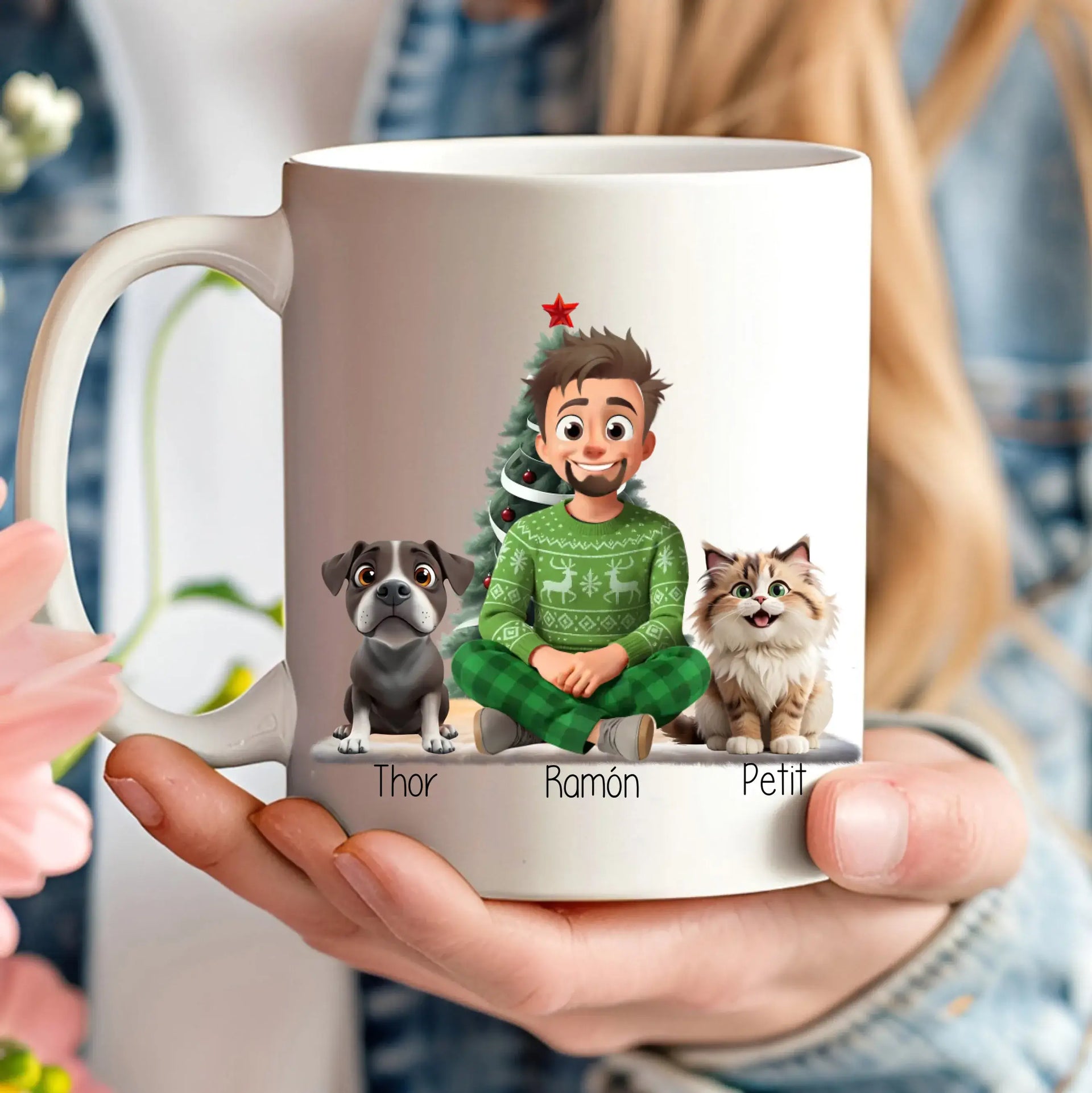 Taza navideña con retrato humano y mascota editable online