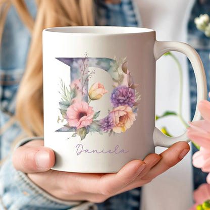 taza personalizada con dedicatoria trasera, nombre e inicial
